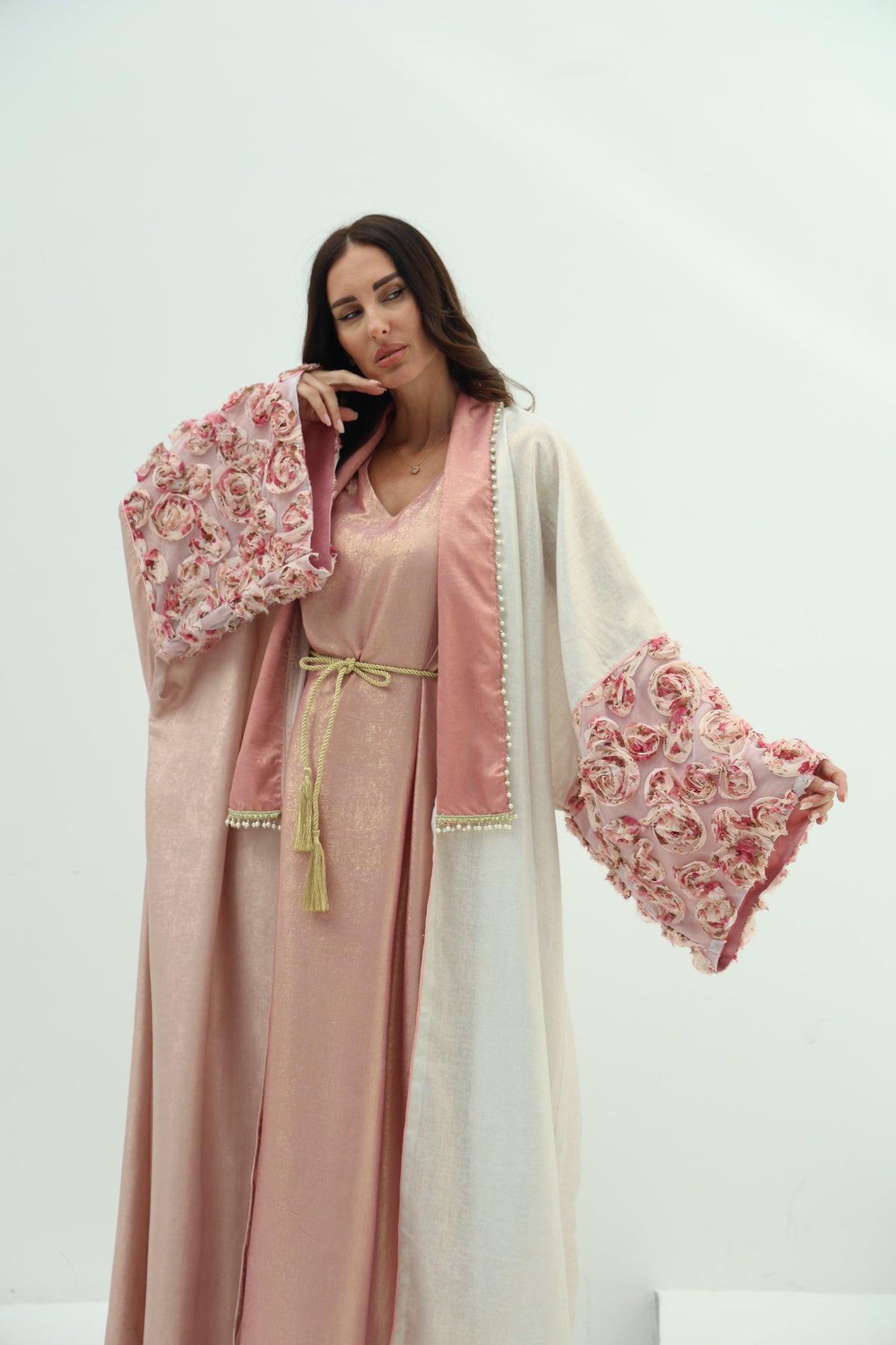 Crepe abaya pink set – shiny