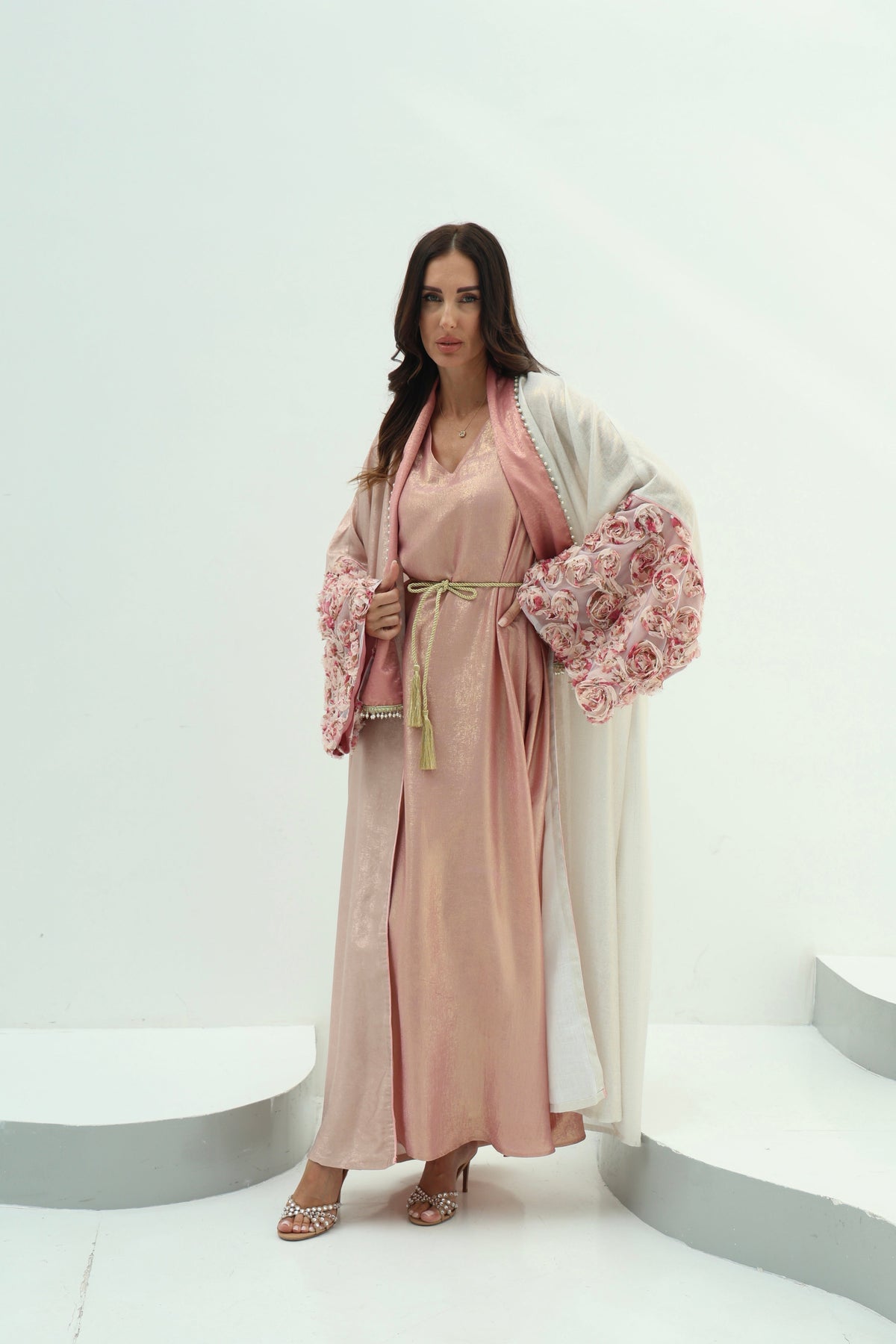 Crepe abaya pink set – shiny
