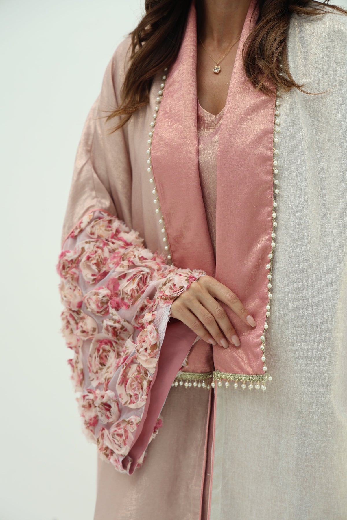 Crepe abaya pink set – shiny