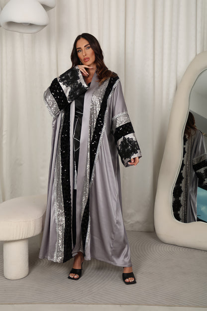 Gray Abaya With Velvet And Sequence Embroidery – Grey Design