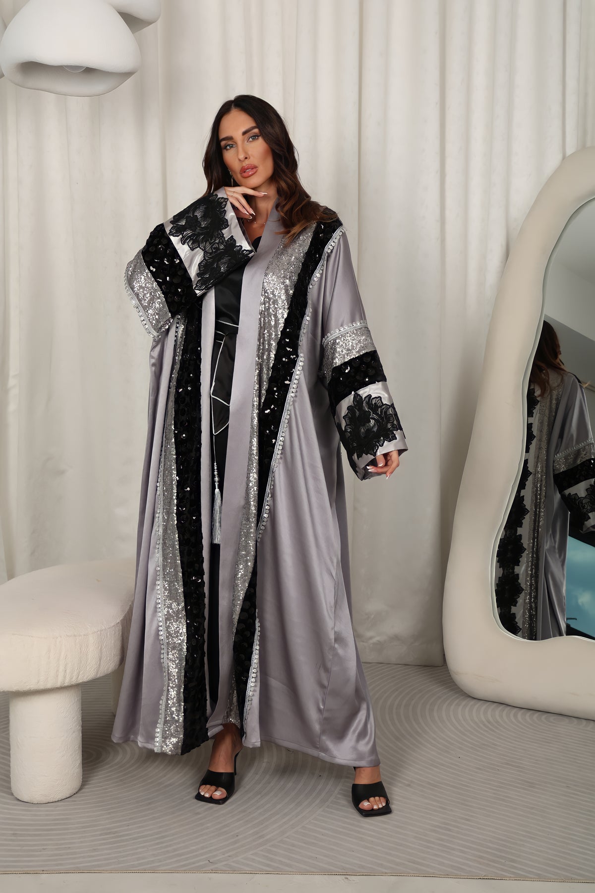 Gray Abya With Velvet And Sequence Embrodory