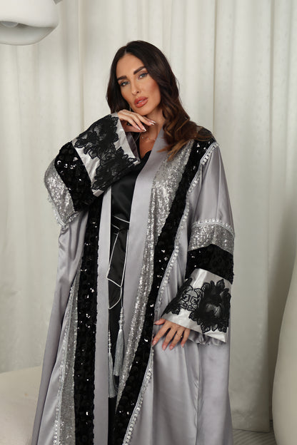 Gray Abaya With Velvet And Sequence Embroidery – Grey Design