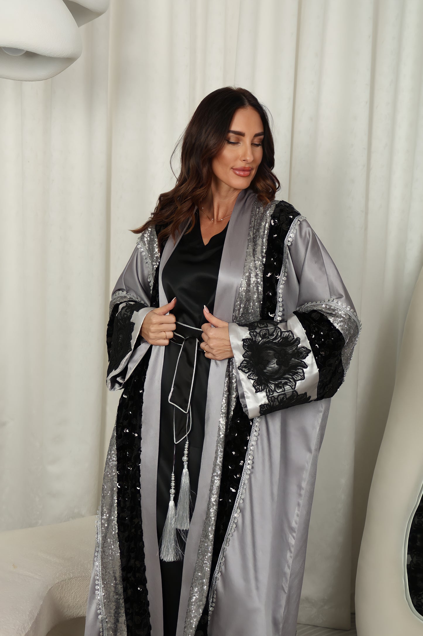 Gray Abaya With Velvet And Sequence Embroidery – Grey Design