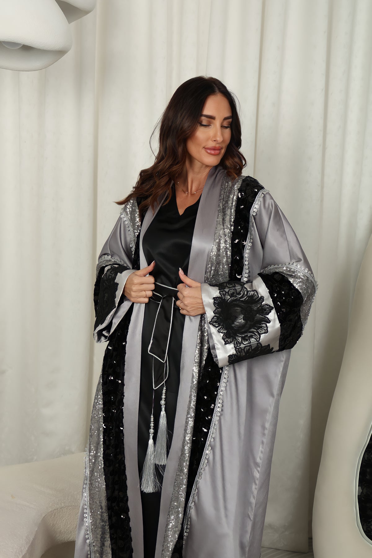 Gray Abya With Velvet And Sequence Embrodory