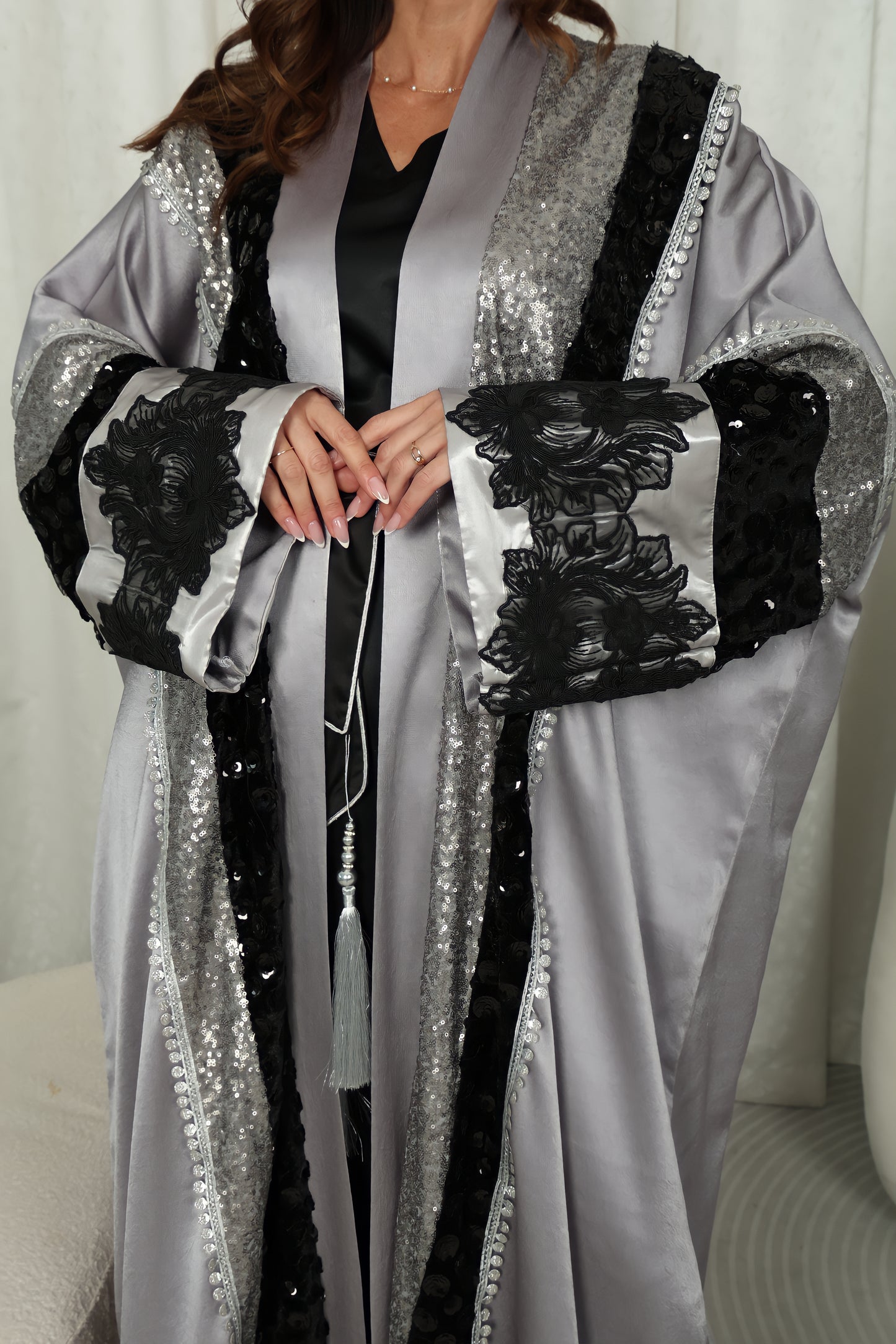 Gray Abaya With Velvet And Sequence Embroidery – Grey Design