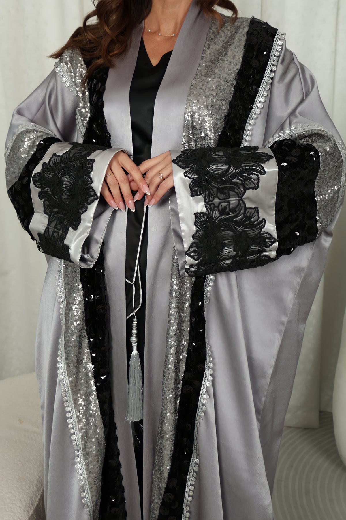 Gray Abya With Velvet And Sequence Embrodory