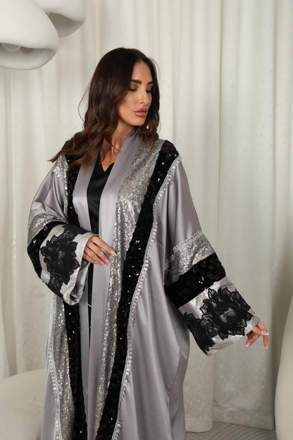 Gray Abaya With Velvet And Sequence Embroidery – Grey Design