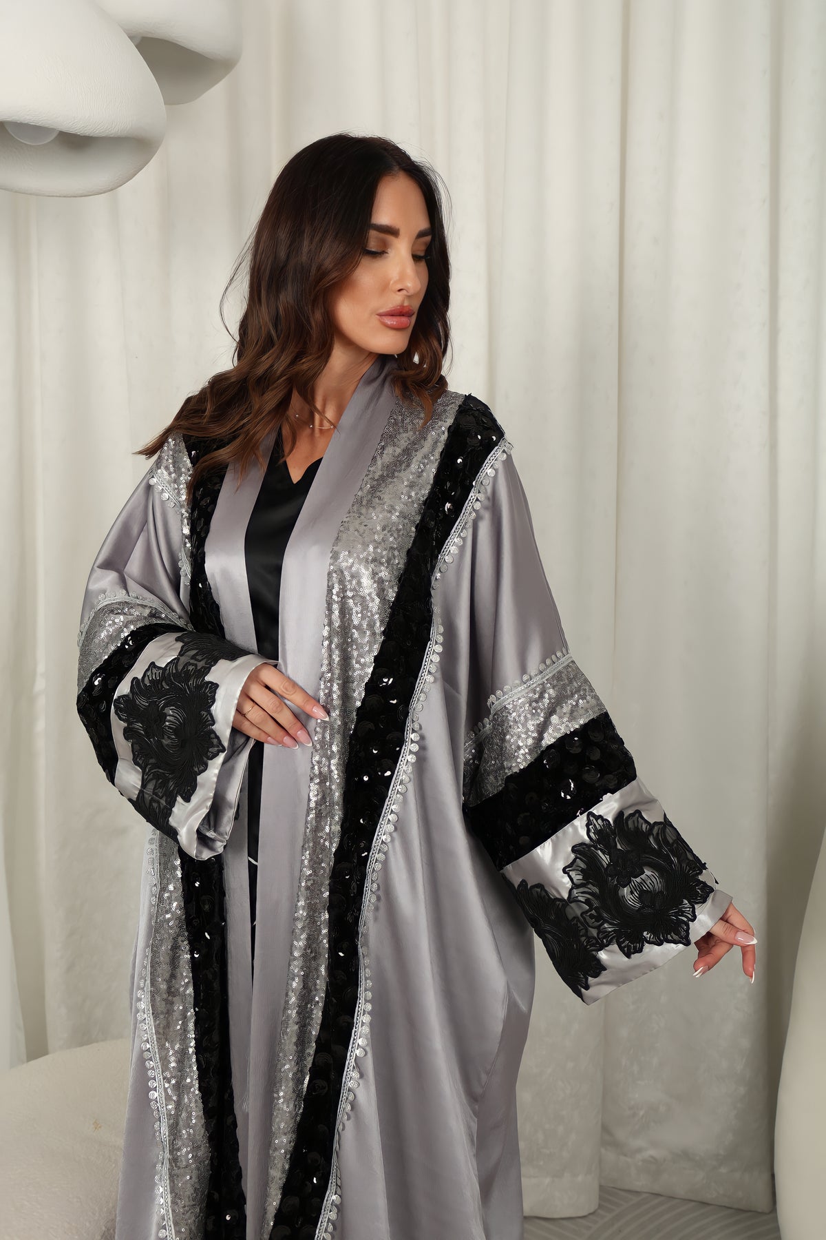 Gray Abya With Velvet And Sequence Embrodory