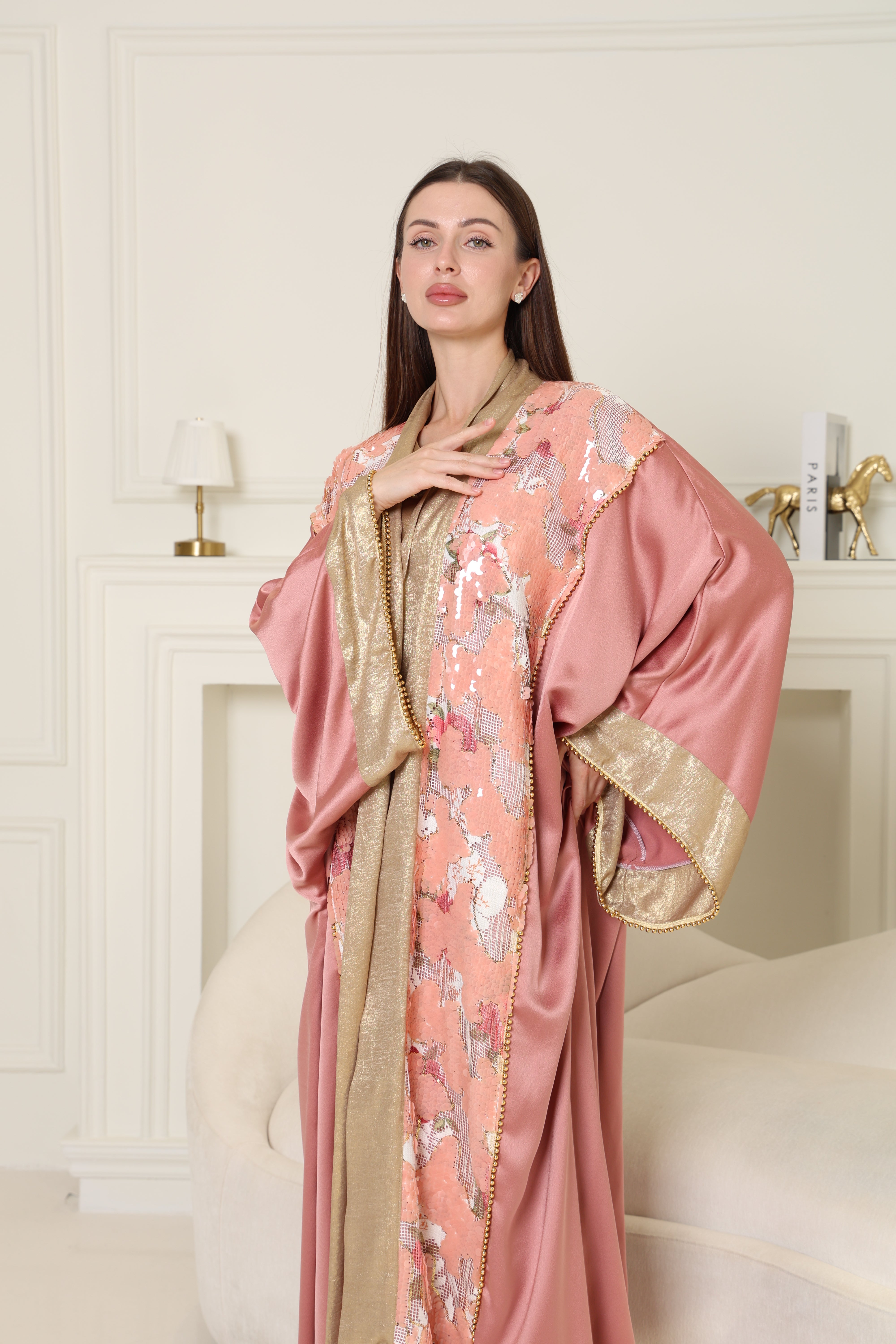 Peach Embroidered Crepe Satin Abaya