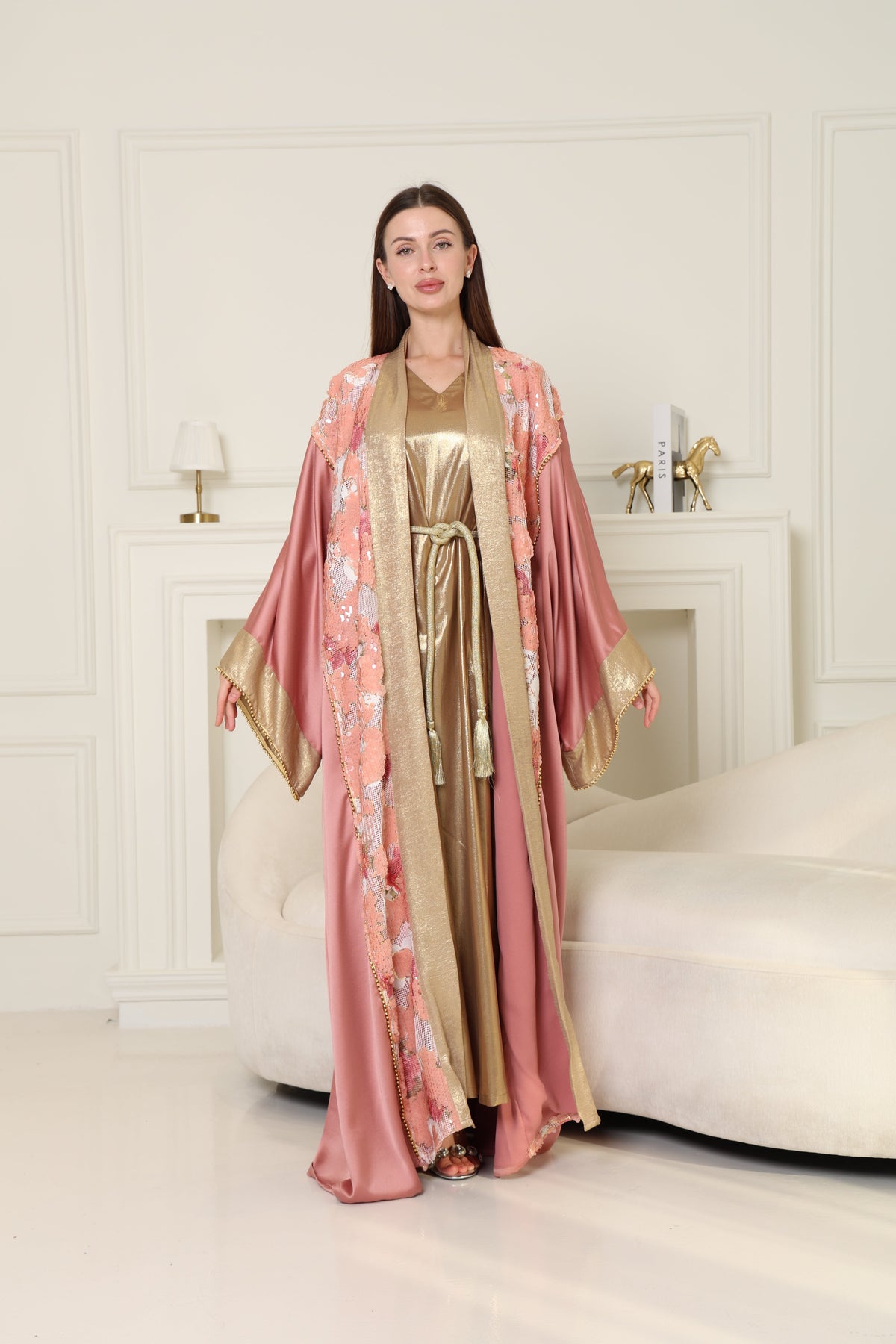 Peach Embroidered Crepe Satin Abaya