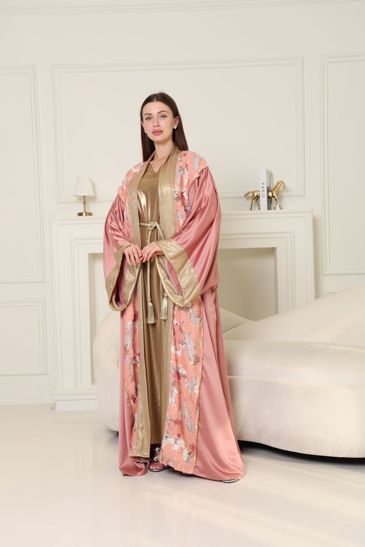 Peach Embroidered Crepe Satin Abaya