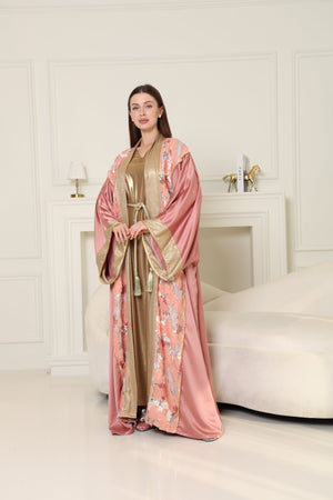 Peach Embroidered Crepe Satin Abaya