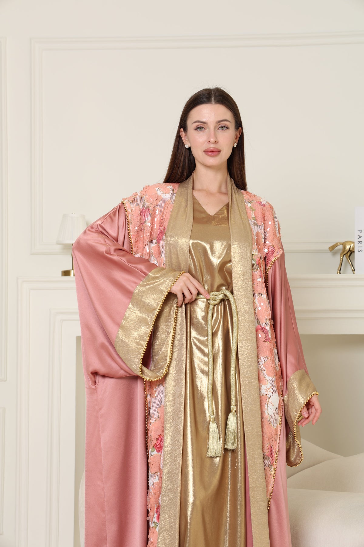 Peach Embroidered Crepe Satin Abaya