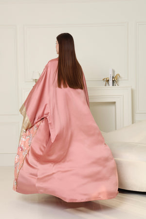 Peach Embroidered Crepe Satin Abaya
