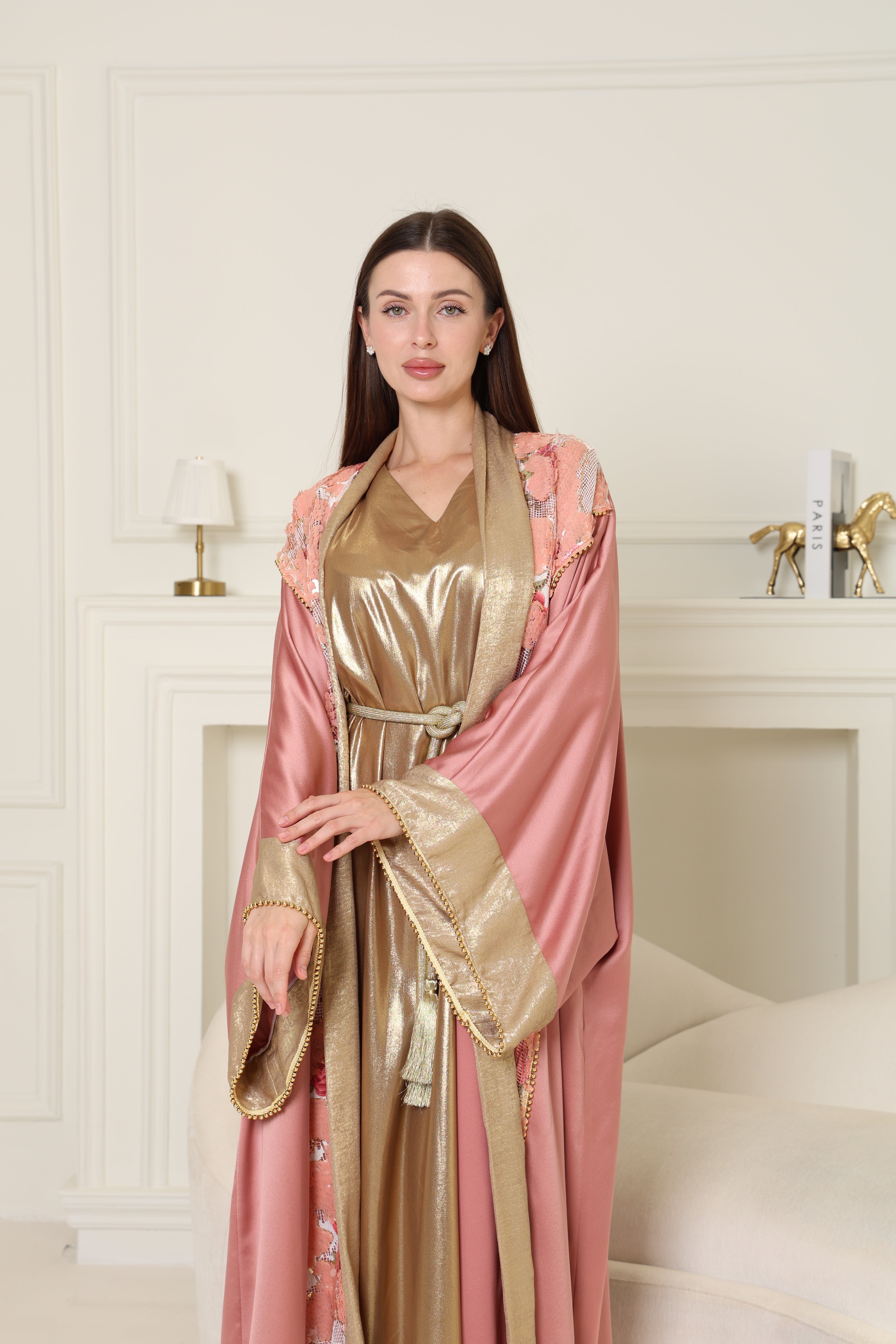 Peach Embroidered Crepe Satin Abaya