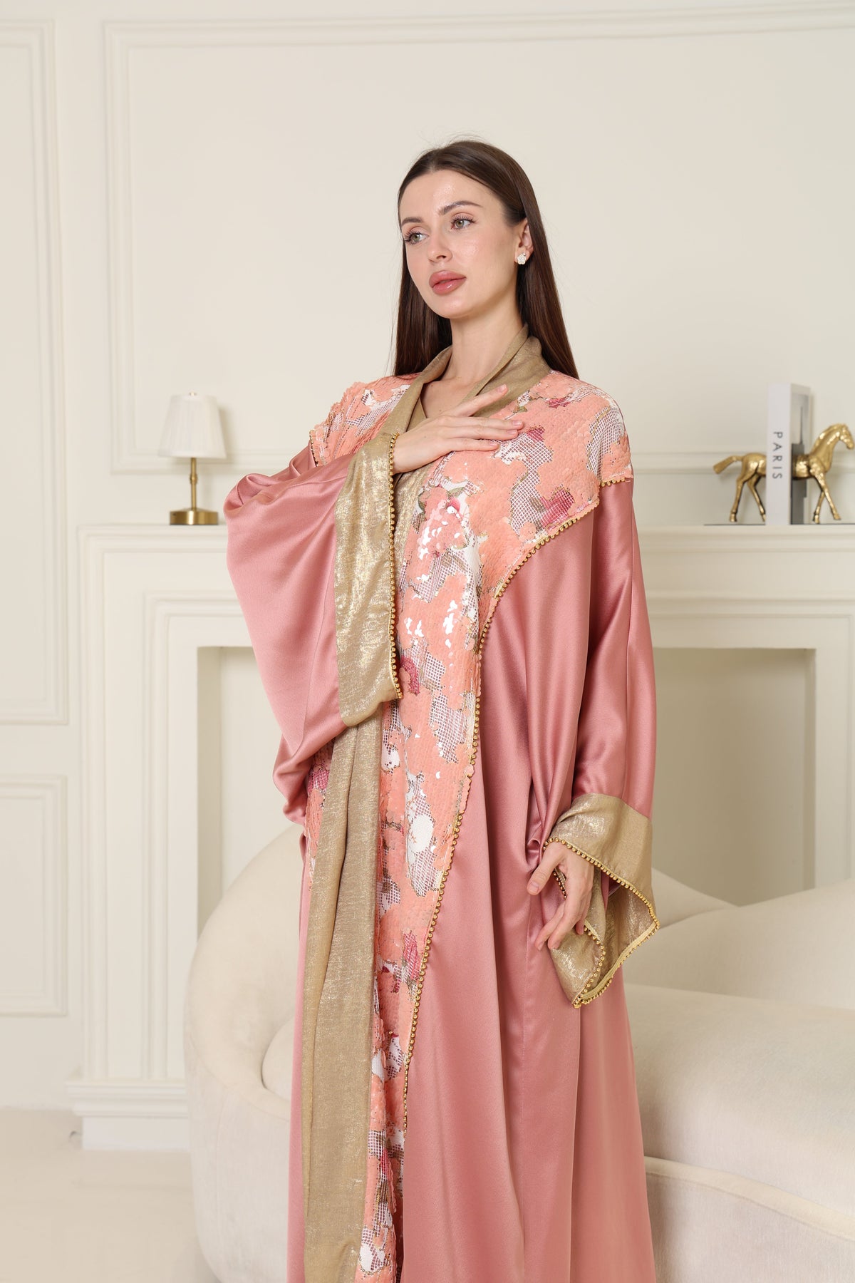 Peach Embroidered Crepe Satin Abaya