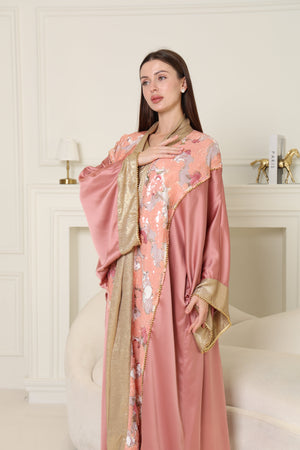 Peach Embroidered Crepe Satin Abaya