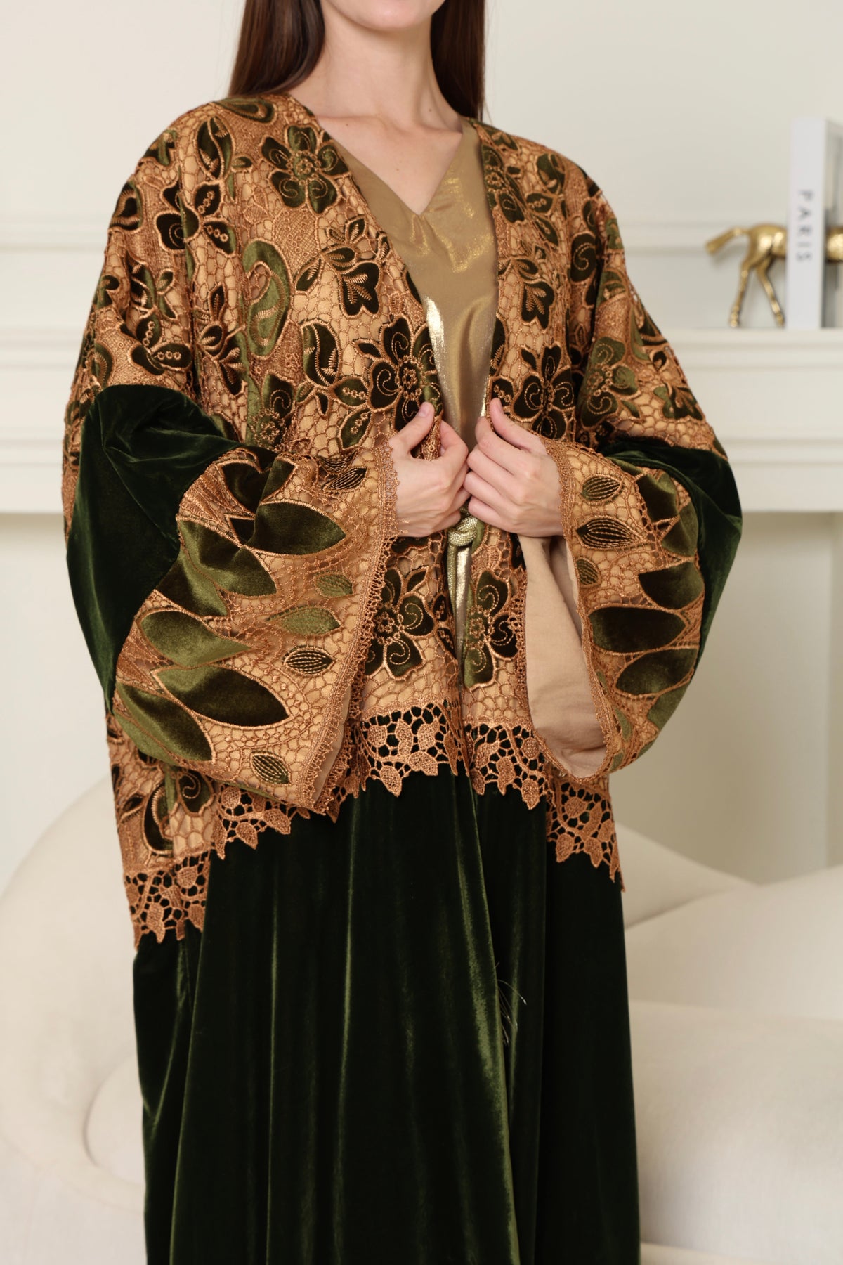 Olive Green Cut-Out Velvet Abaya