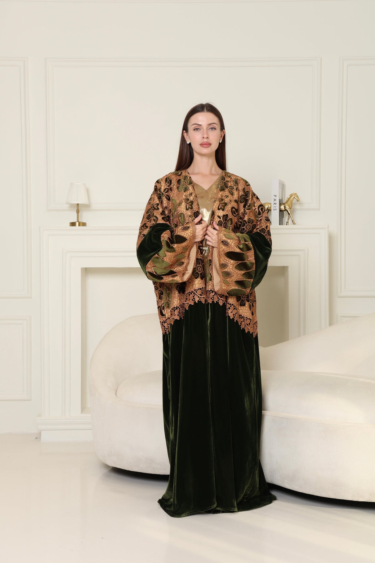 Olive Green Cut-Out Velvet Abaya