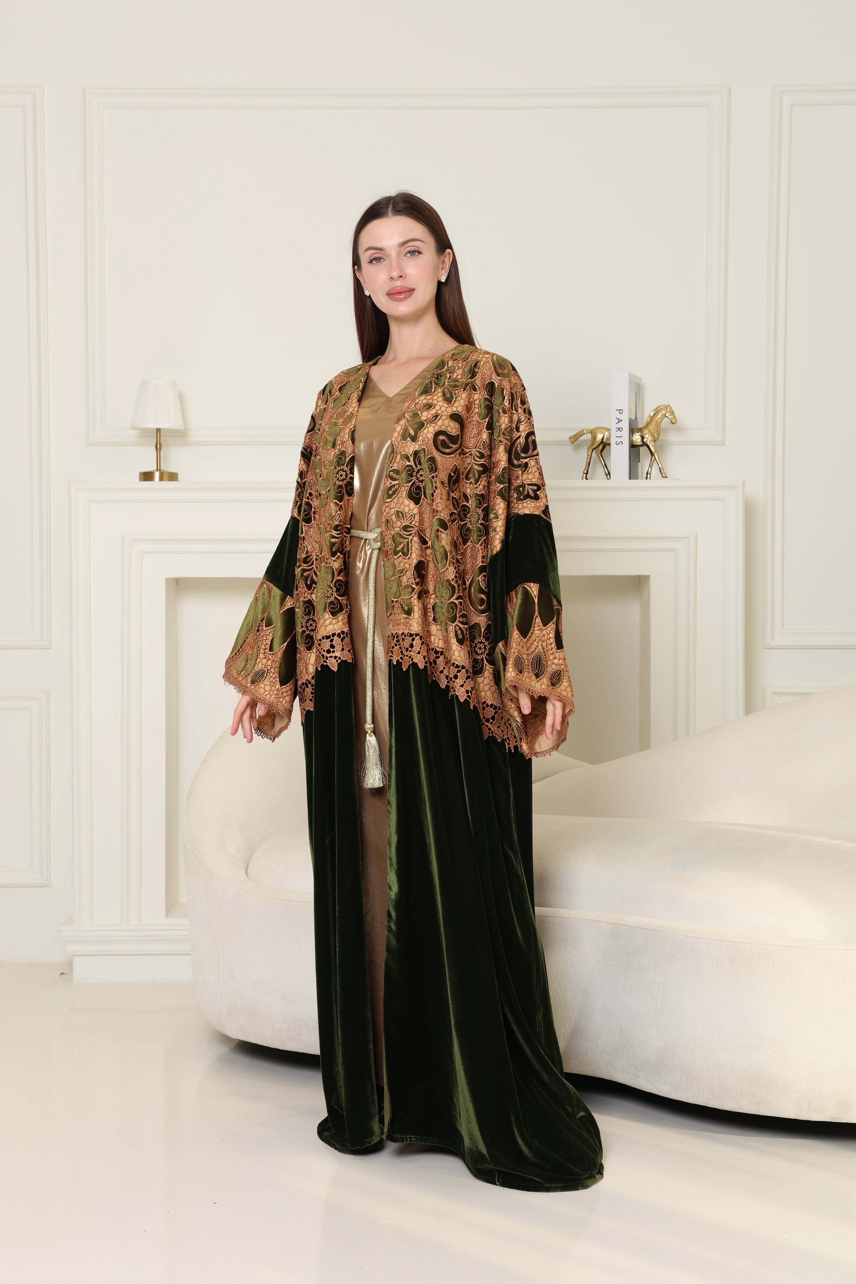 Olive Green Cut-Out Velvet Abaya