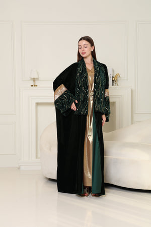 Green Embroidered Velvet Abaya