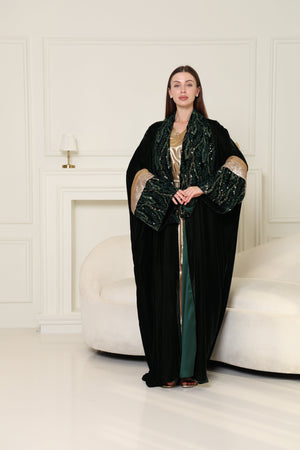 Green Embroidered Velvet Abaya
