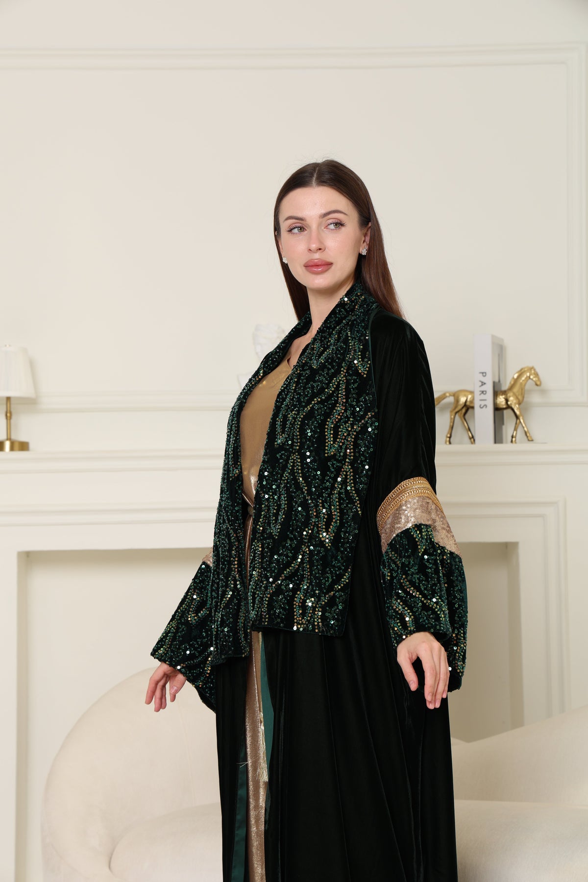 Green Embroidered Velvet Abaya