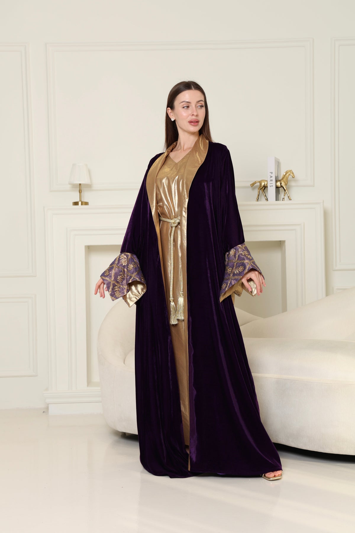 Purple Embroidered Velvet Abaya