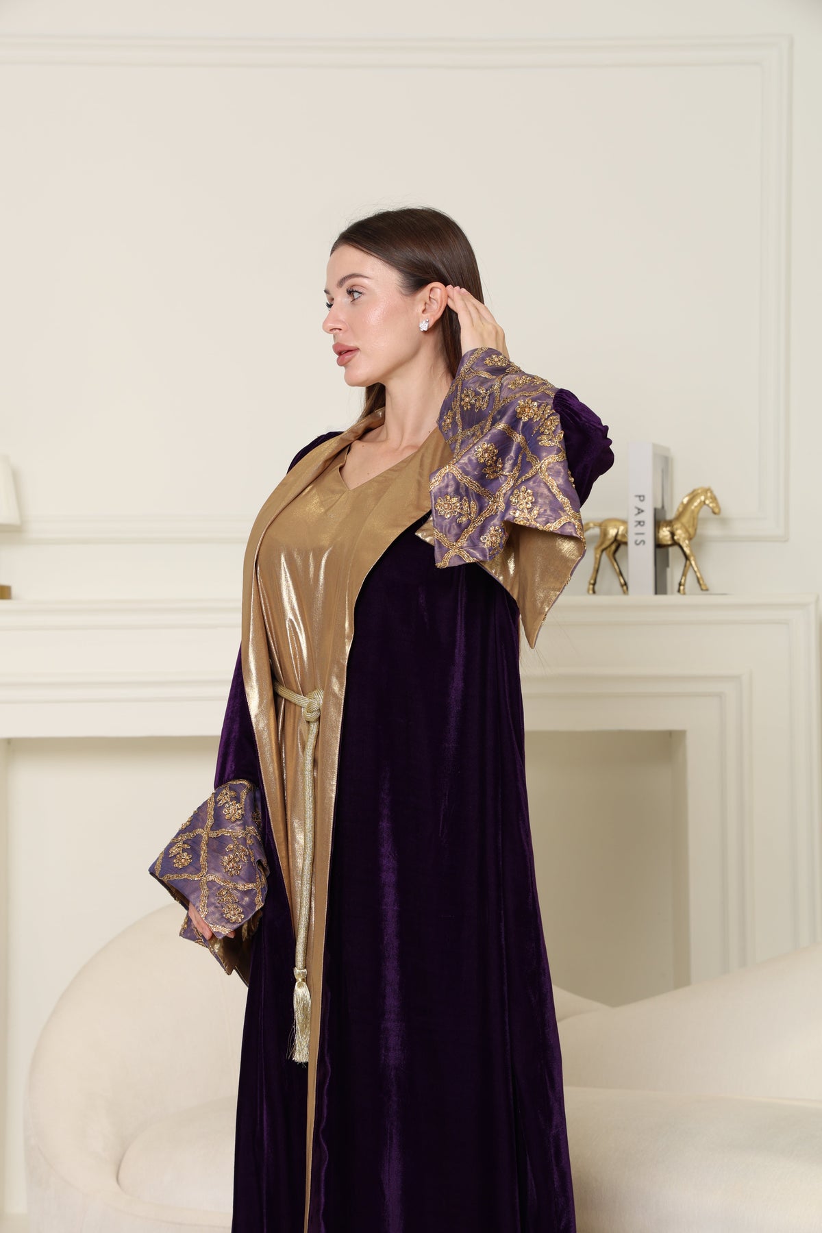 Purple Embroidered Velvet Abaya