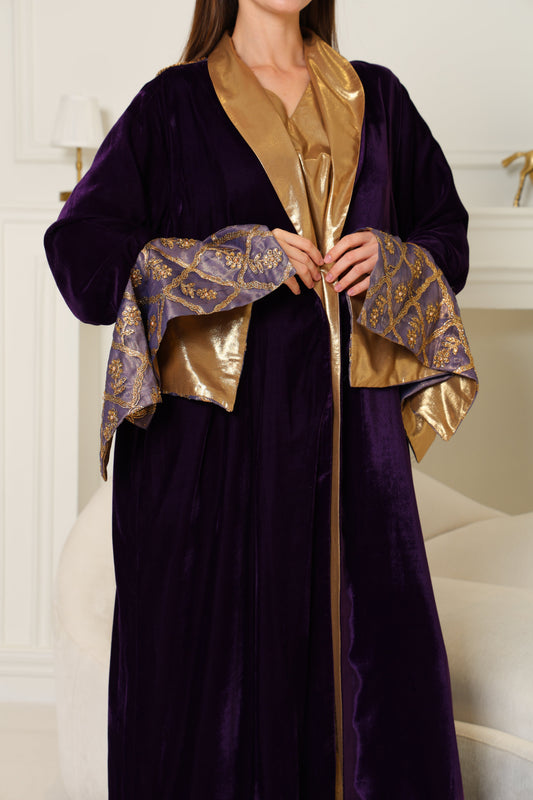 Purple Embroidered Velvet Abaya