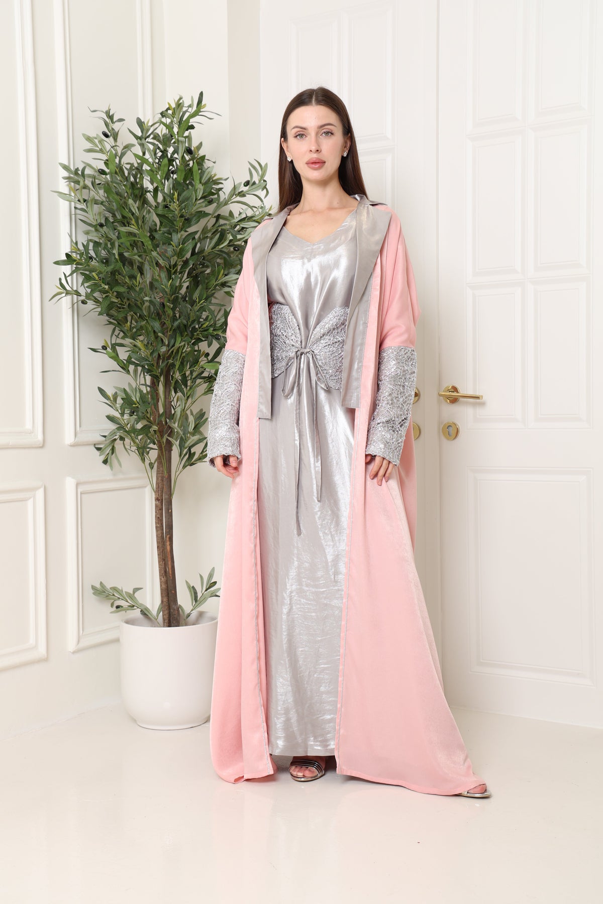 Pink Embroidered Crepe Satin Kaftan