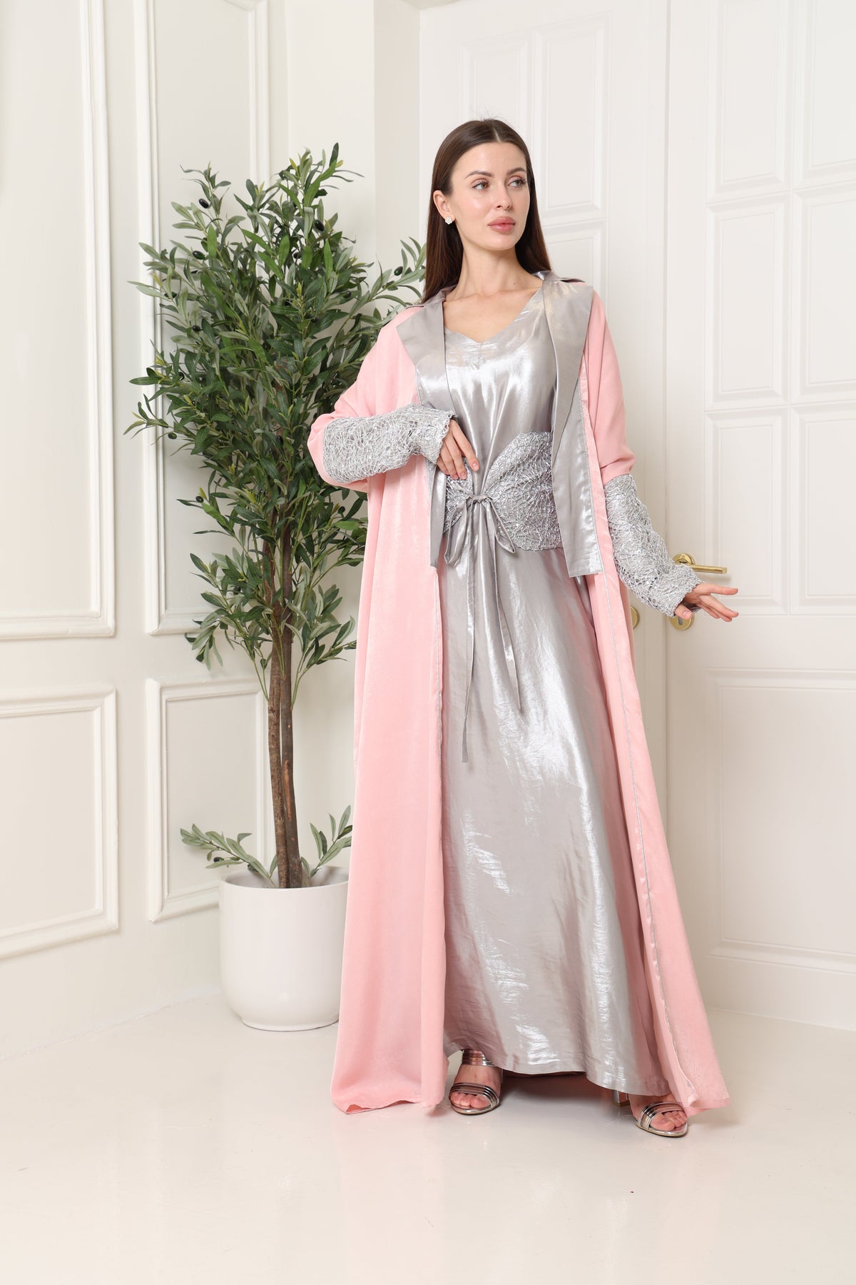Pink Embroidered Crepe Satin Kaftan