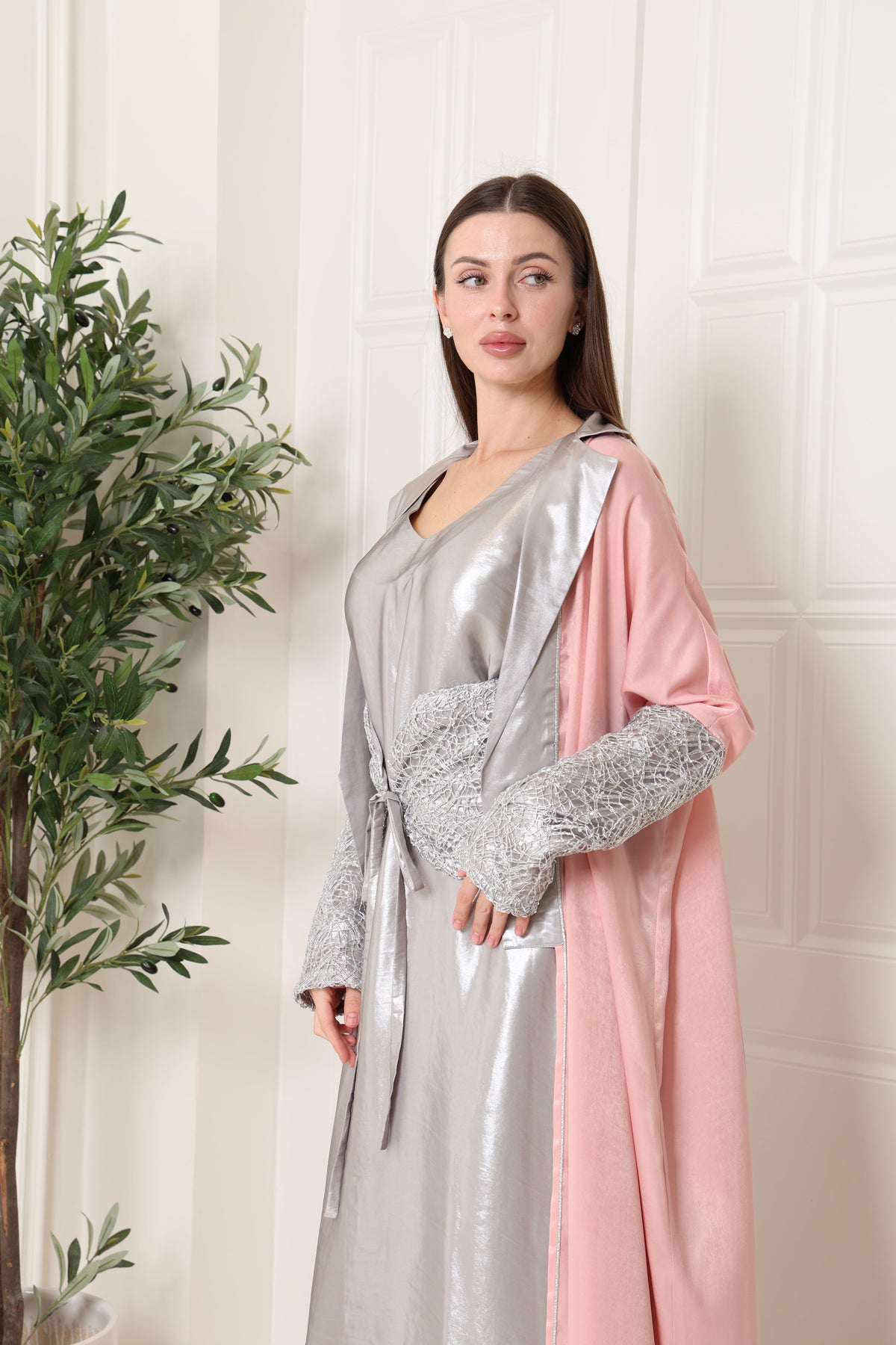 Pink Embroidered Crepe Satin Kaftan