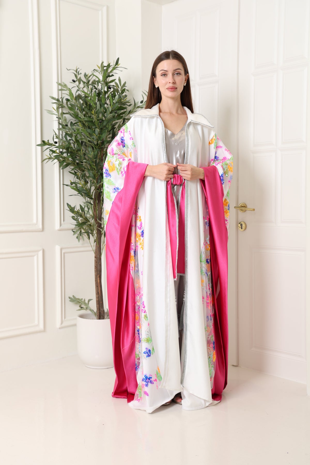 White Embroidered Crepe Satin Abaya