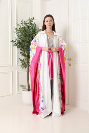 White Embroidered Crepe Satin Abaya