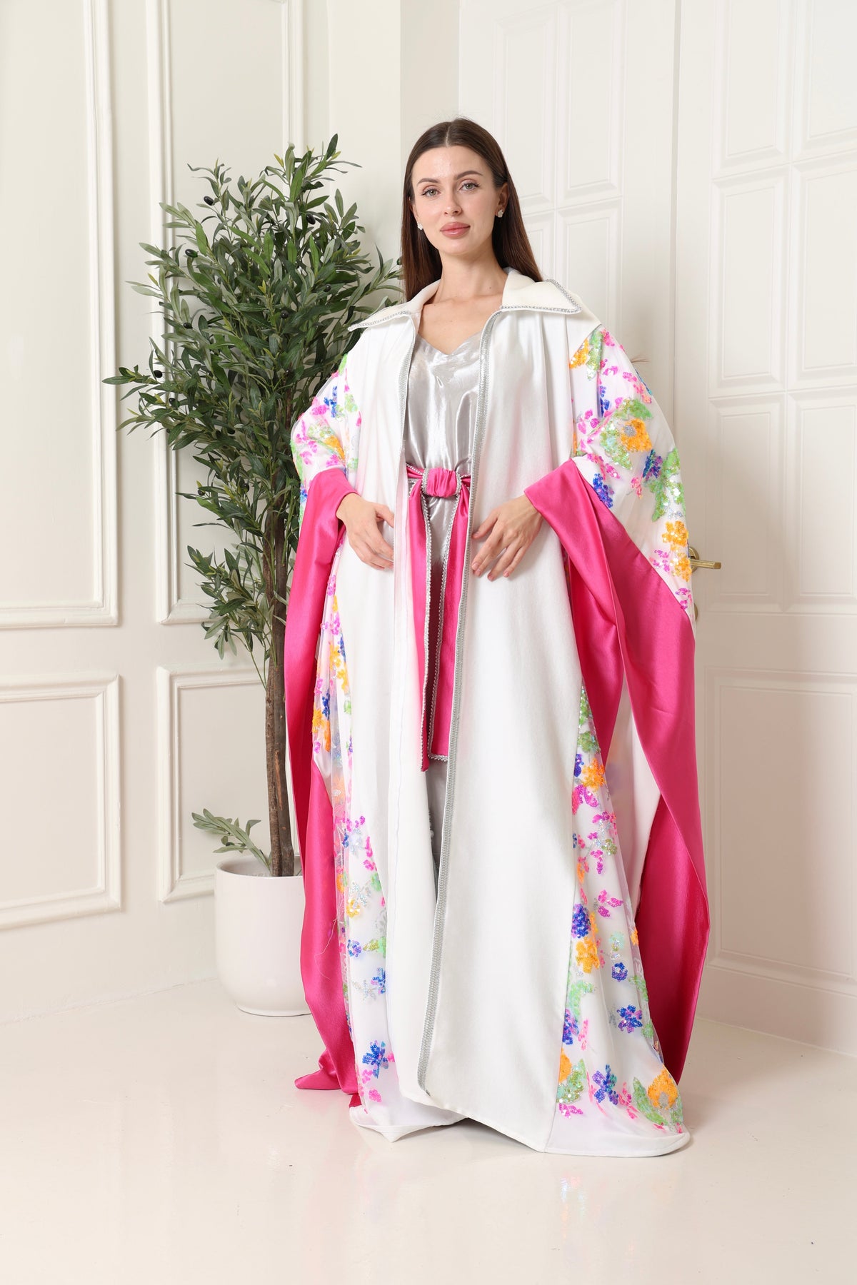 White Embroidered Crepe Satin Abaya