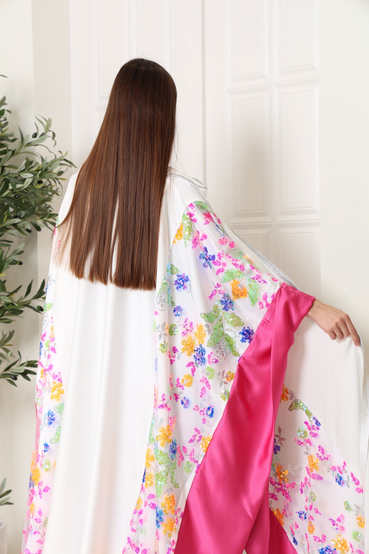 White Embroidered Crepe Satin Abaya