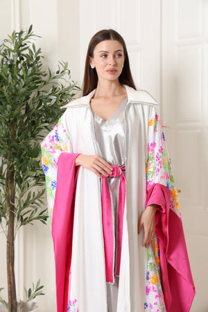 White Embroidered Crepe Satin Abaya