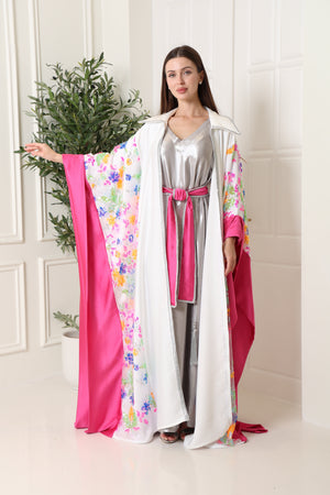 White Embroidered Crepe Satin Abaya