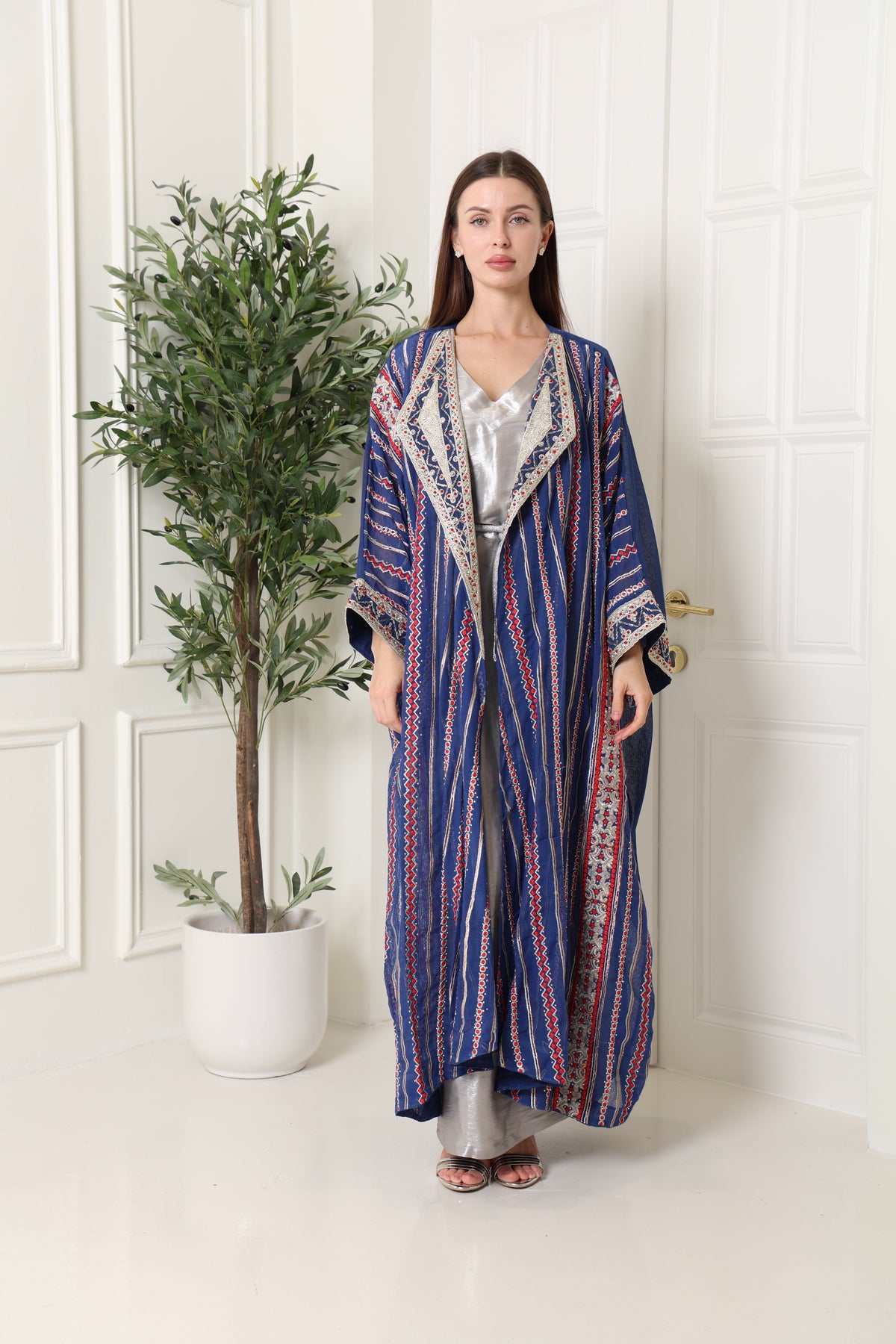 Navy Embroidered Linen Abaya