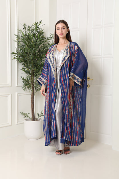 Navy Embroidered Linen Abaya