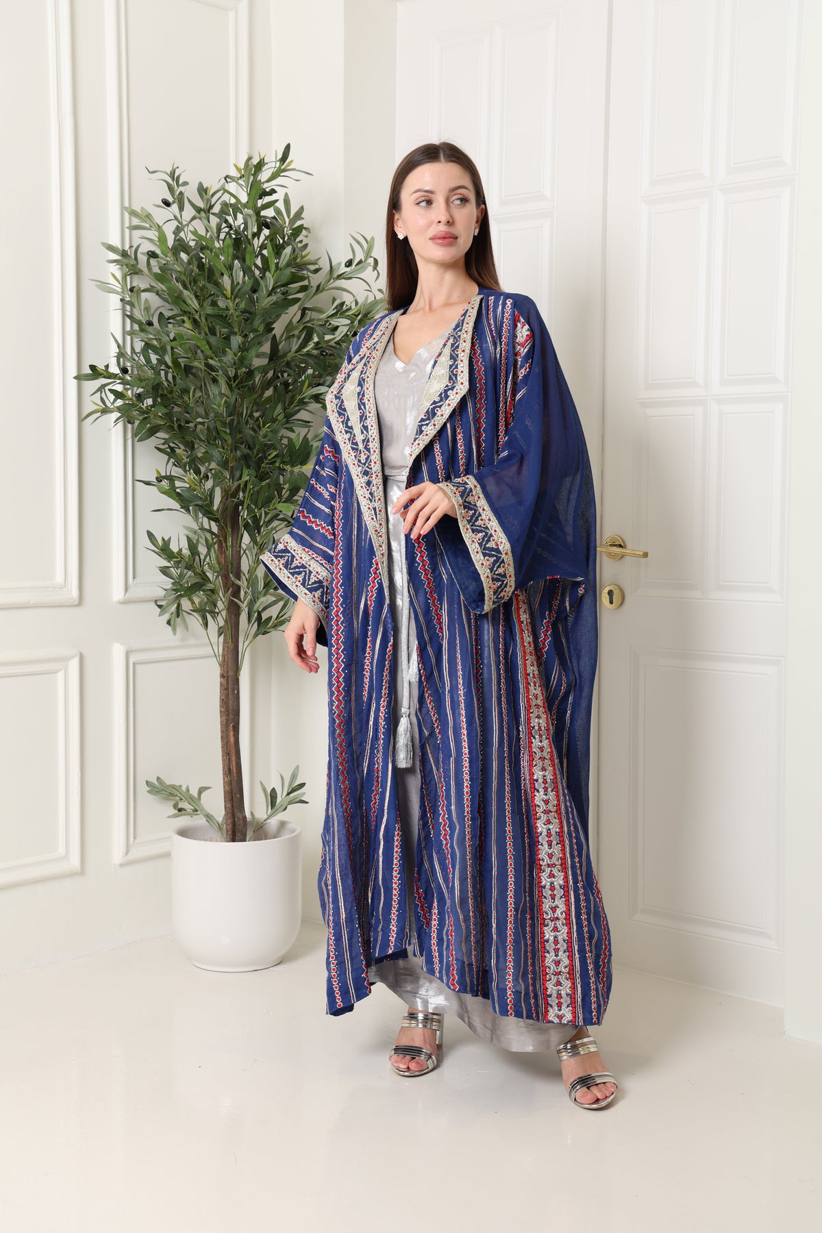 Navy Embroidered Linen Abaya