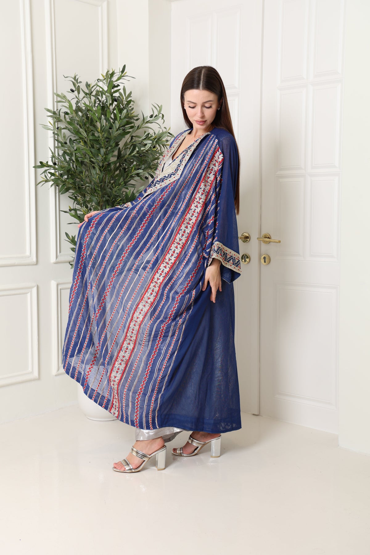 Navy Embroidered Linen Abaya