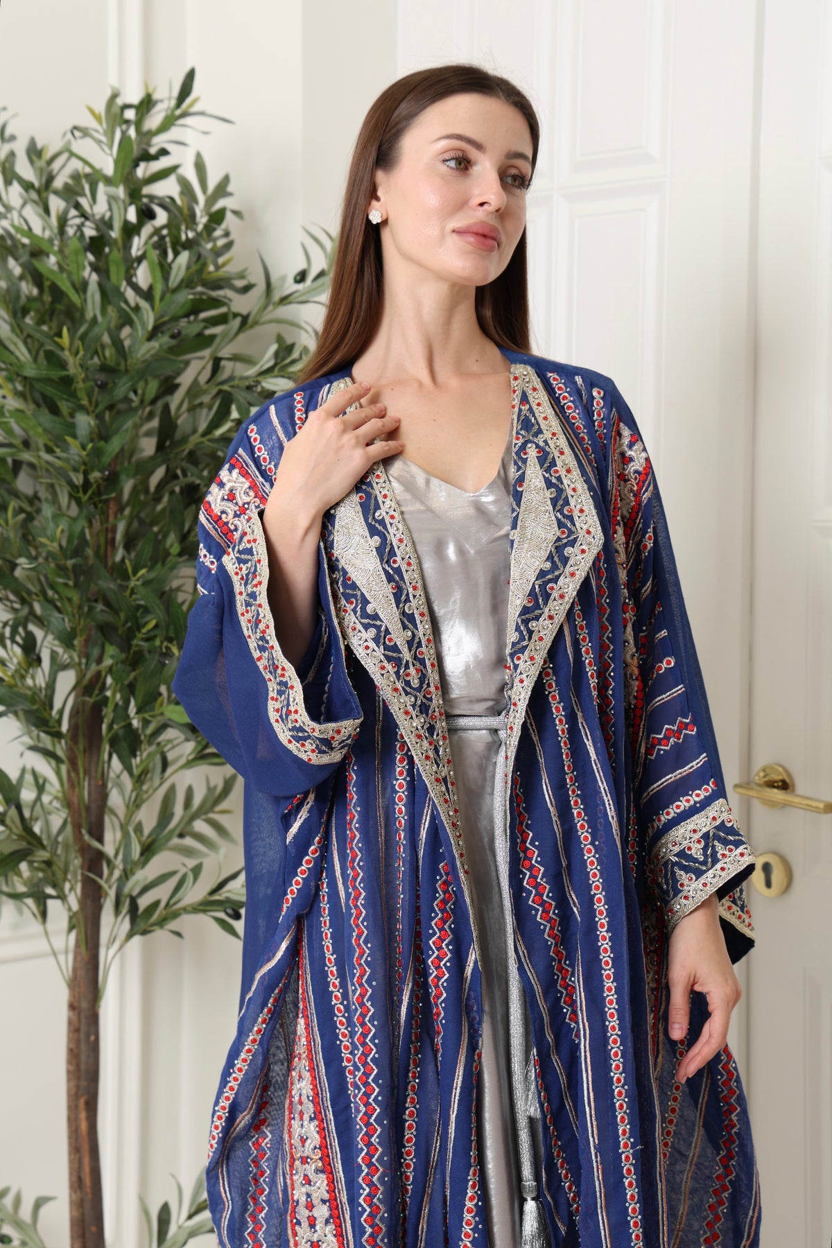 Navy Embroidered Linen Abaya