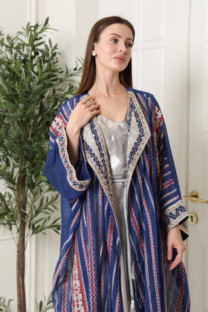 Navy Embroidered Linen Abaya
