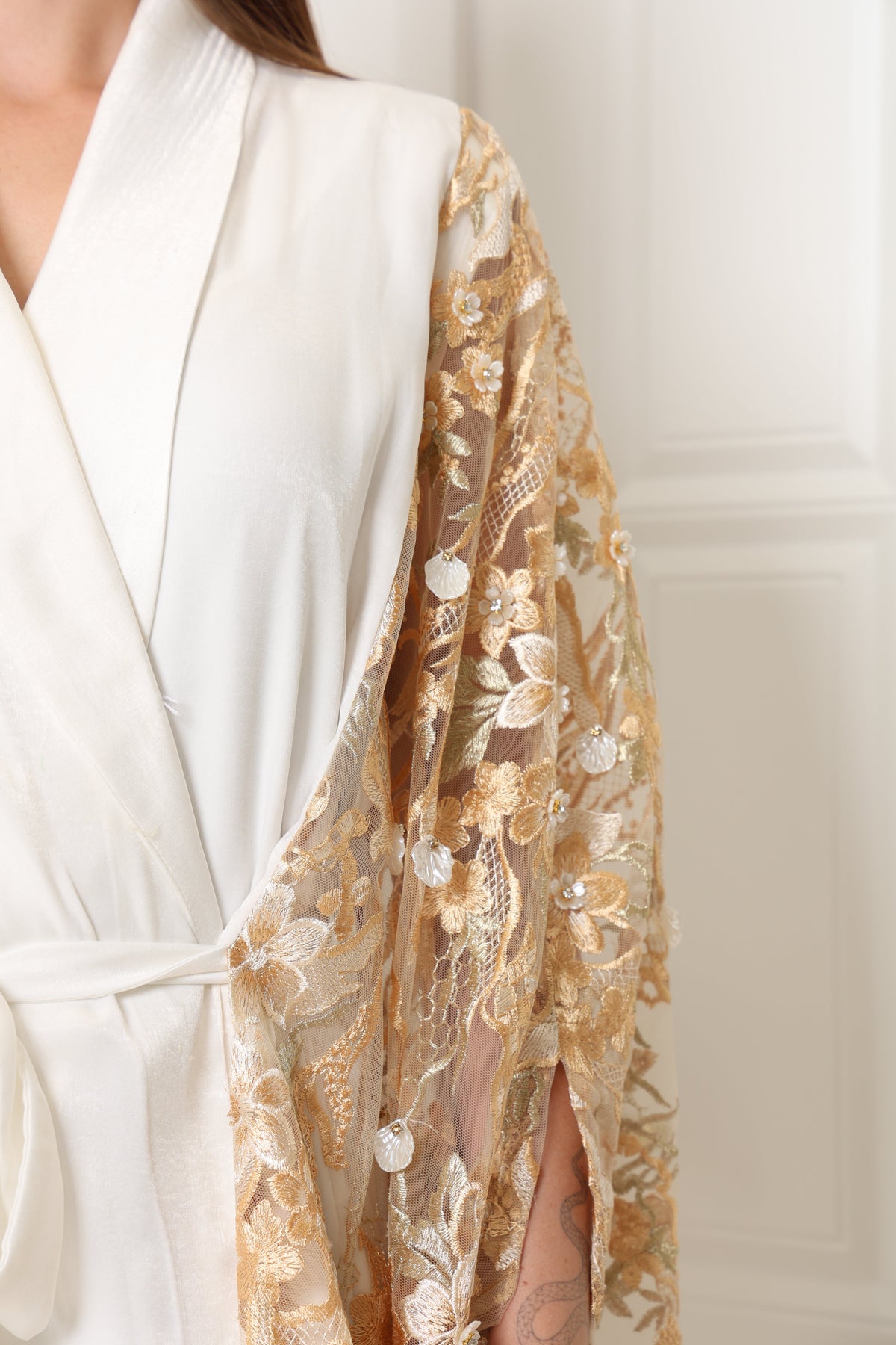 Off White Embroidered Tulle Kaftan