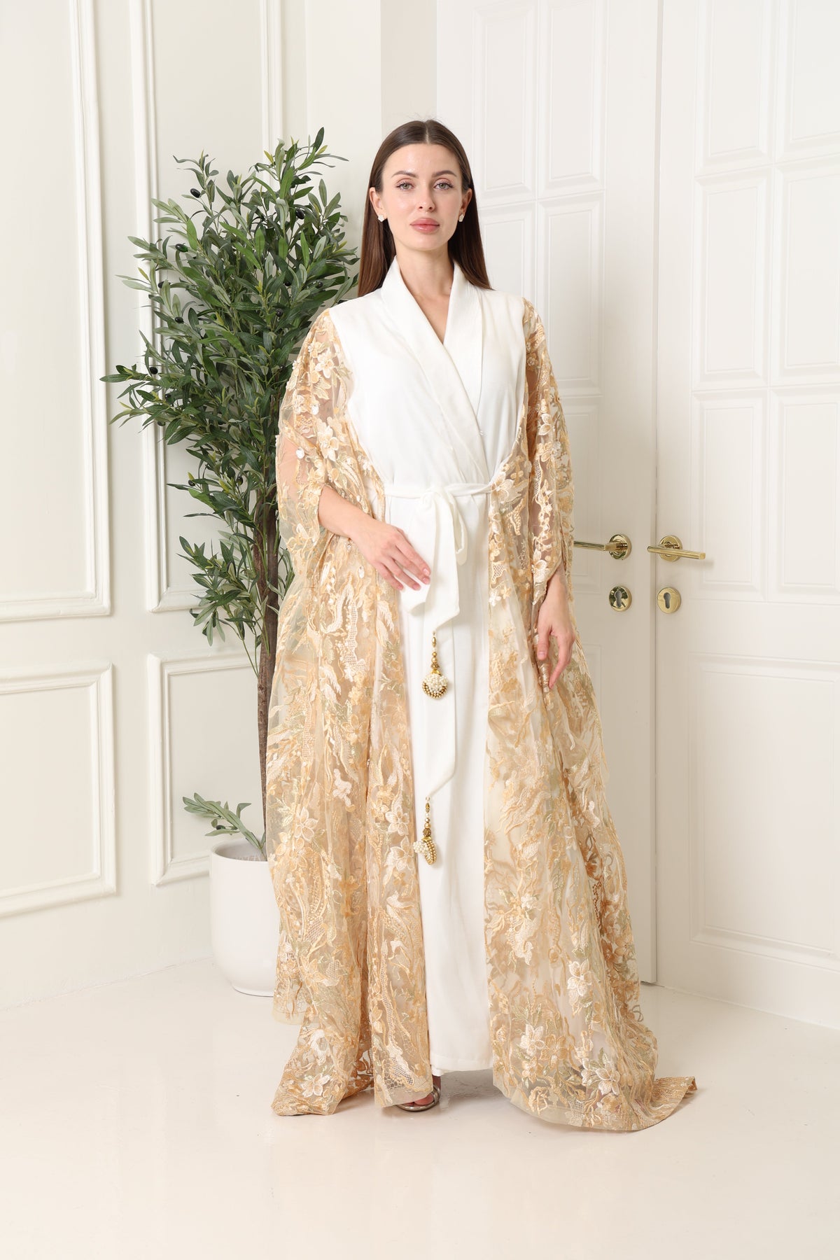Off White Embroidered Tulle Kaftan