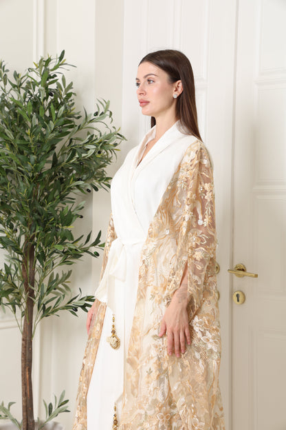 Off White Embroidered Tulle Kaftan