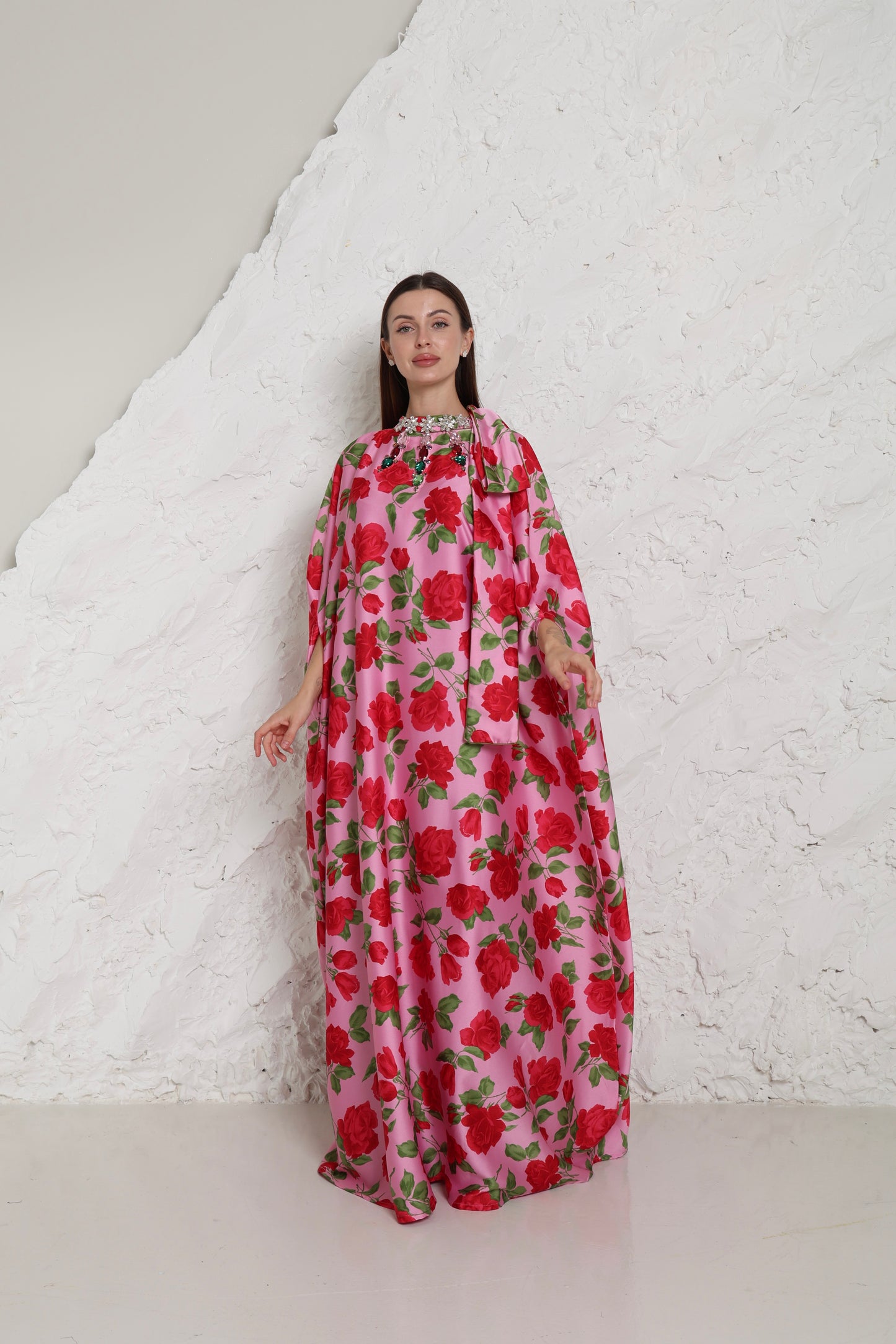 Pink Crepe Satin Evening Kaftan