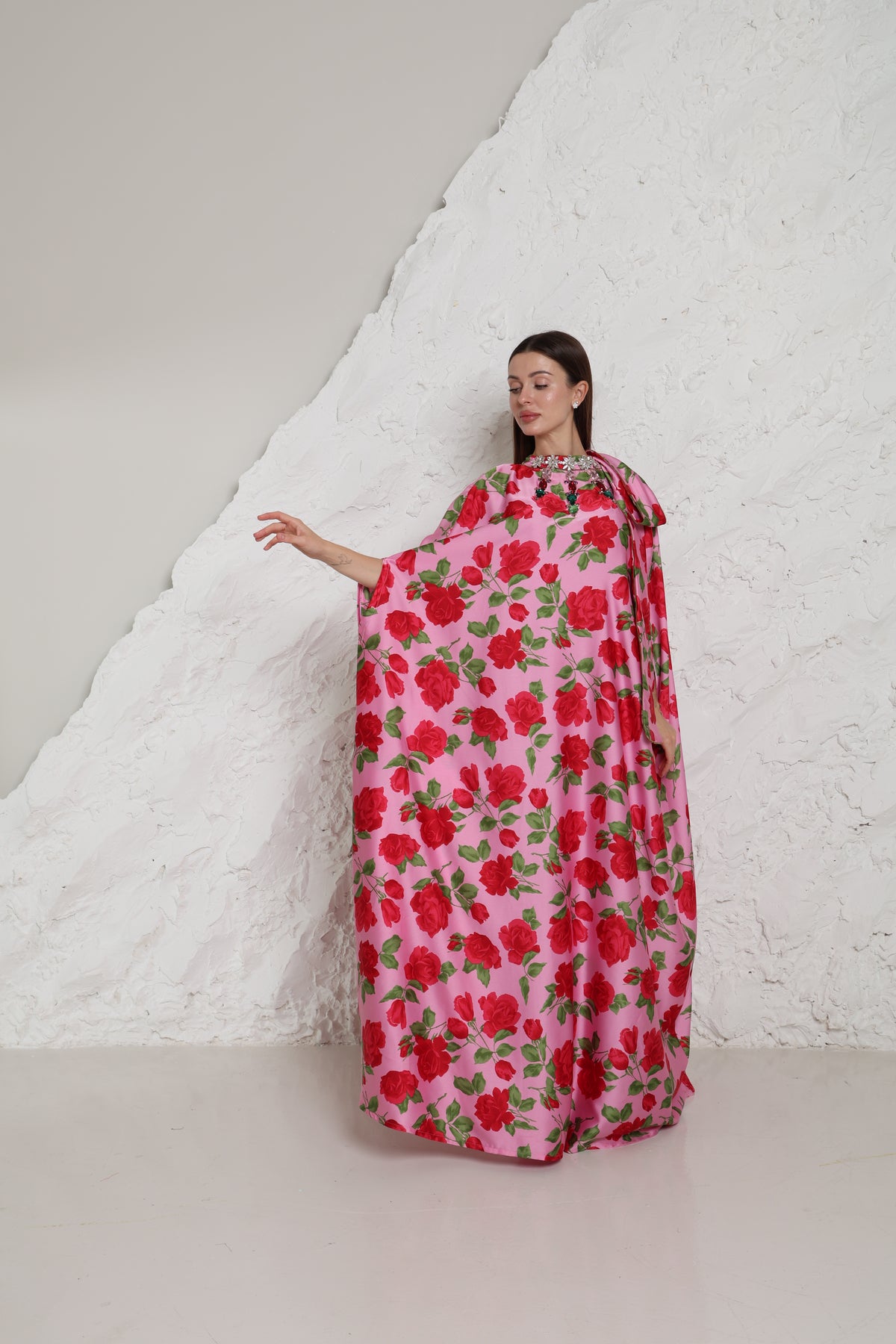 Pink Crepe Satin Evening Kaftan